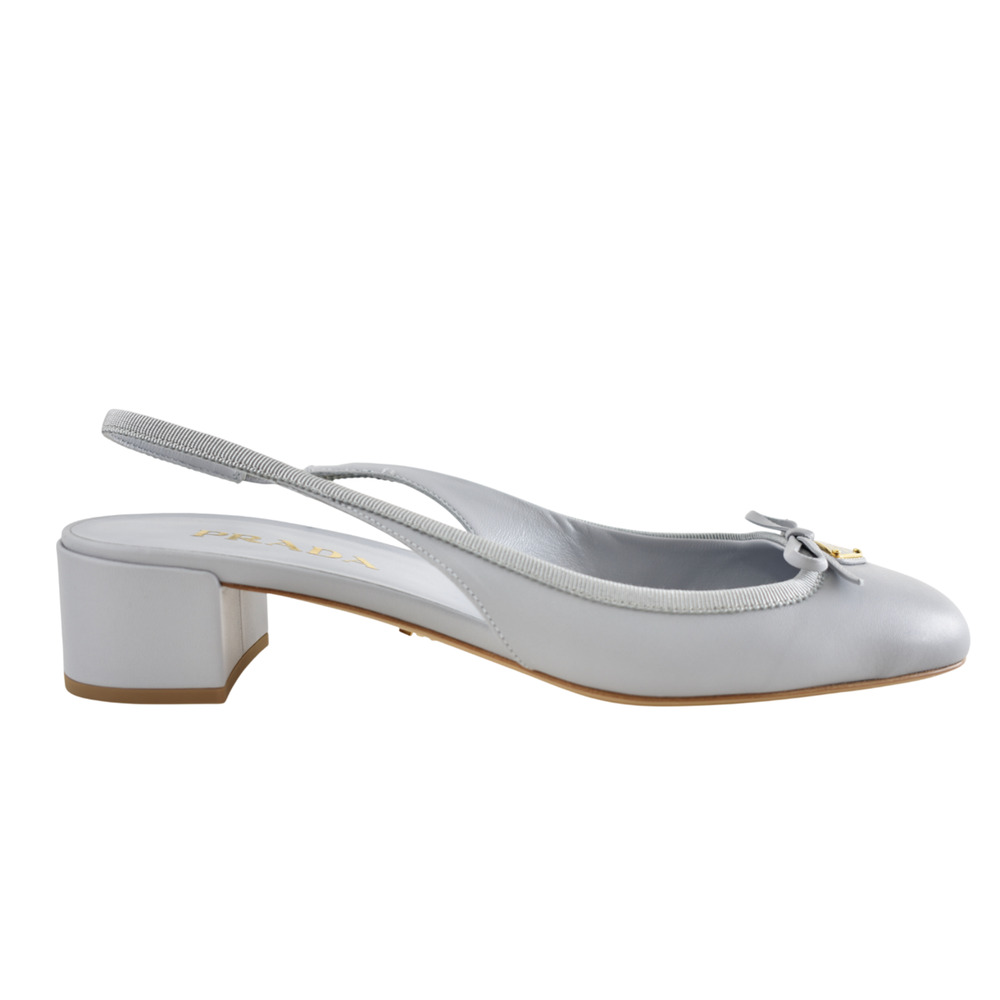 Prada Grey Blue Triangle Logo Bow Ballerina Mule Block Heel Slingback Pump 39.5 - Picture 1 of 15